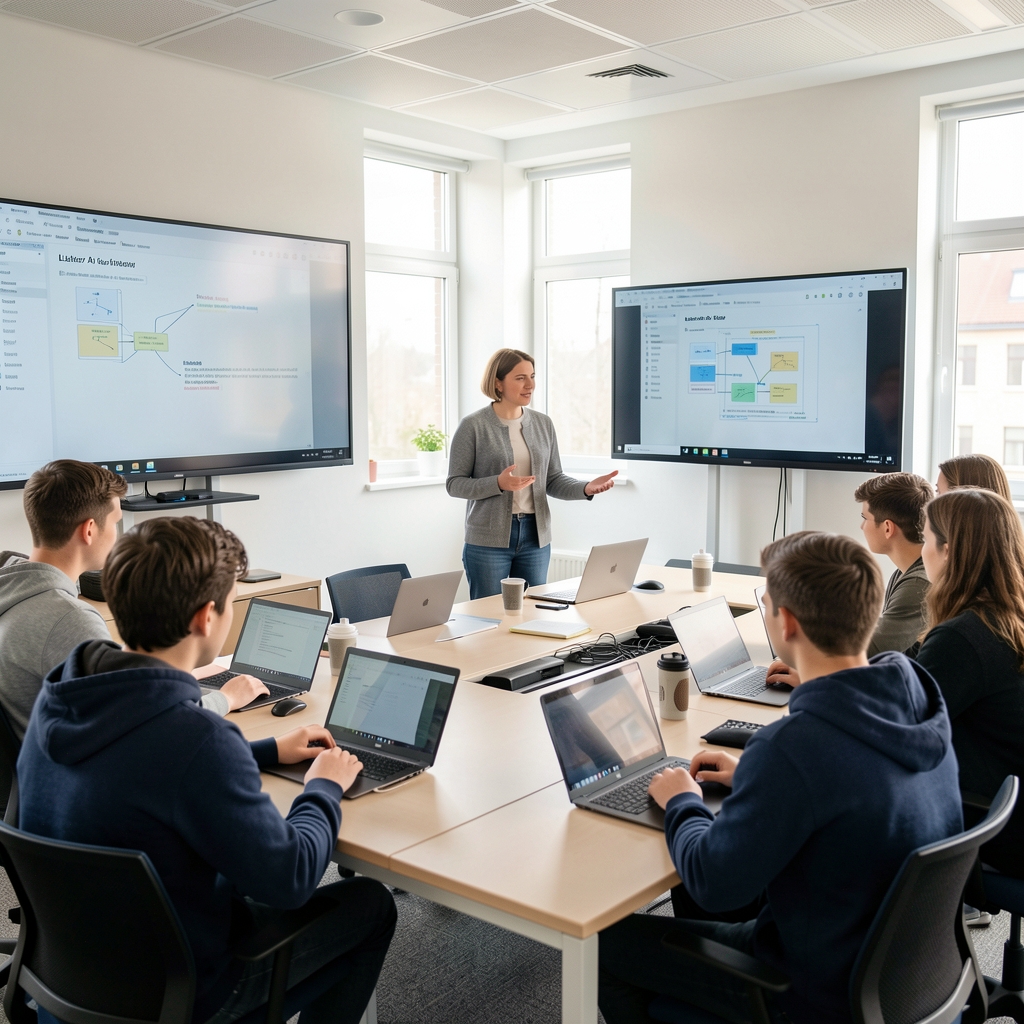 Lektor AI kurzu vysvětluje architekturu modelu skupině soustředěných studentů v moderní vzdělávací místnosti s velkými monitory
